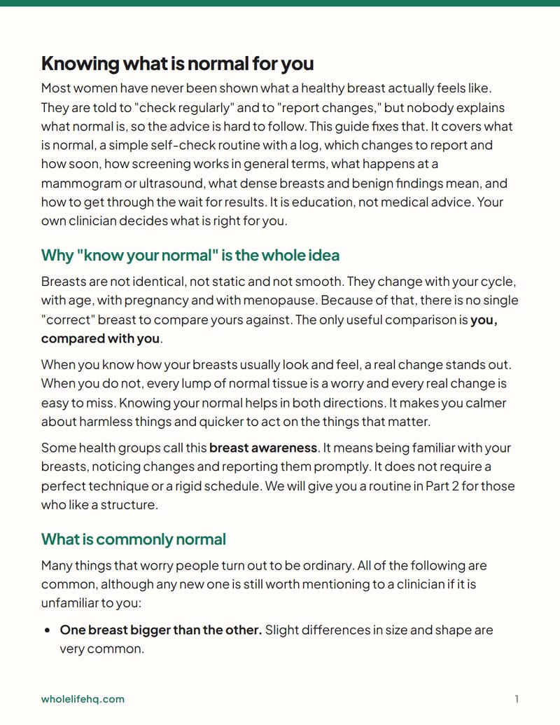Page 1 of Breast Health: Self-Checks, Screening and What to Report