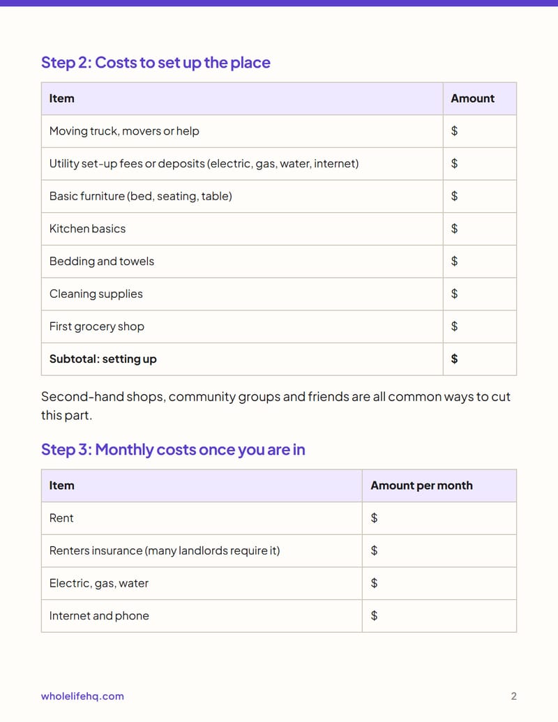 Page 2 of First Apartment Move-In Costs, One Page