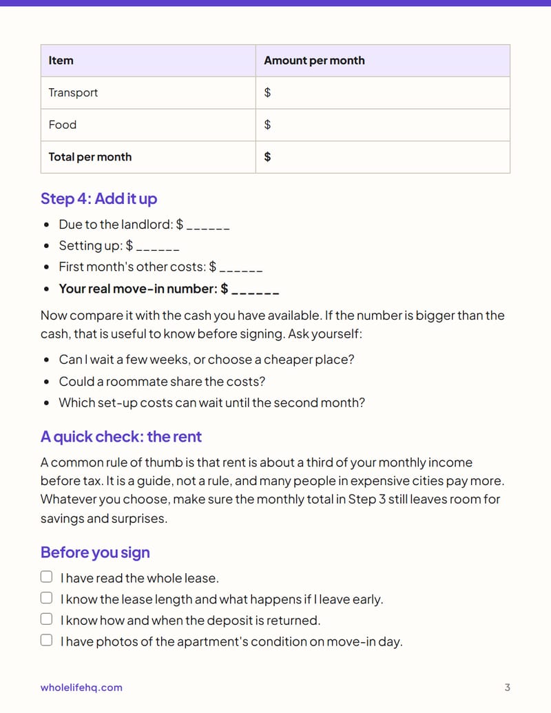 Page 3 of First Apartment Move-In Costs, One Page