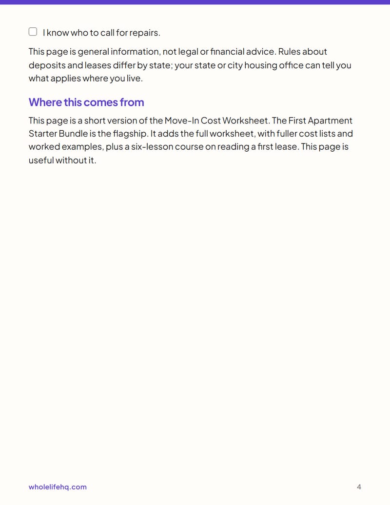 Page 4 of First Apartment Move-In Costs, One Page