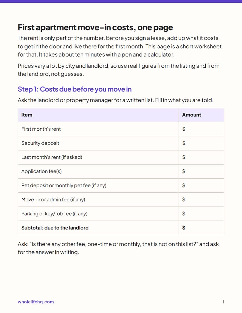 Page 1 of First Apartment Move-In Costs, One Page