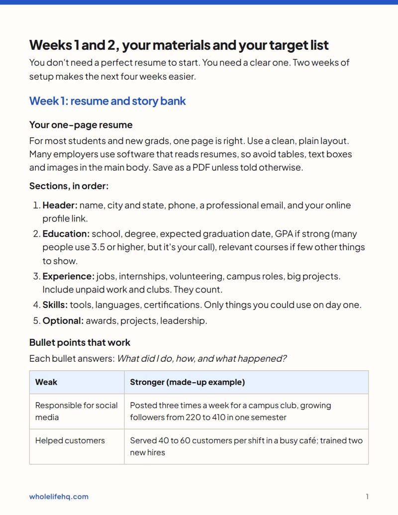 Page 1 of Internship and First-Job Search: A 6-Week Plan