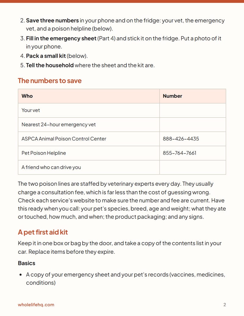 Page 2 of Pet First Aid and the Emergency Sheet