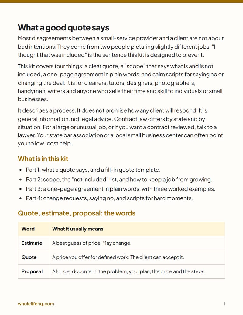 Page 1 of Quotes, Scope and Saying No: a Simple Client Agreement Kit