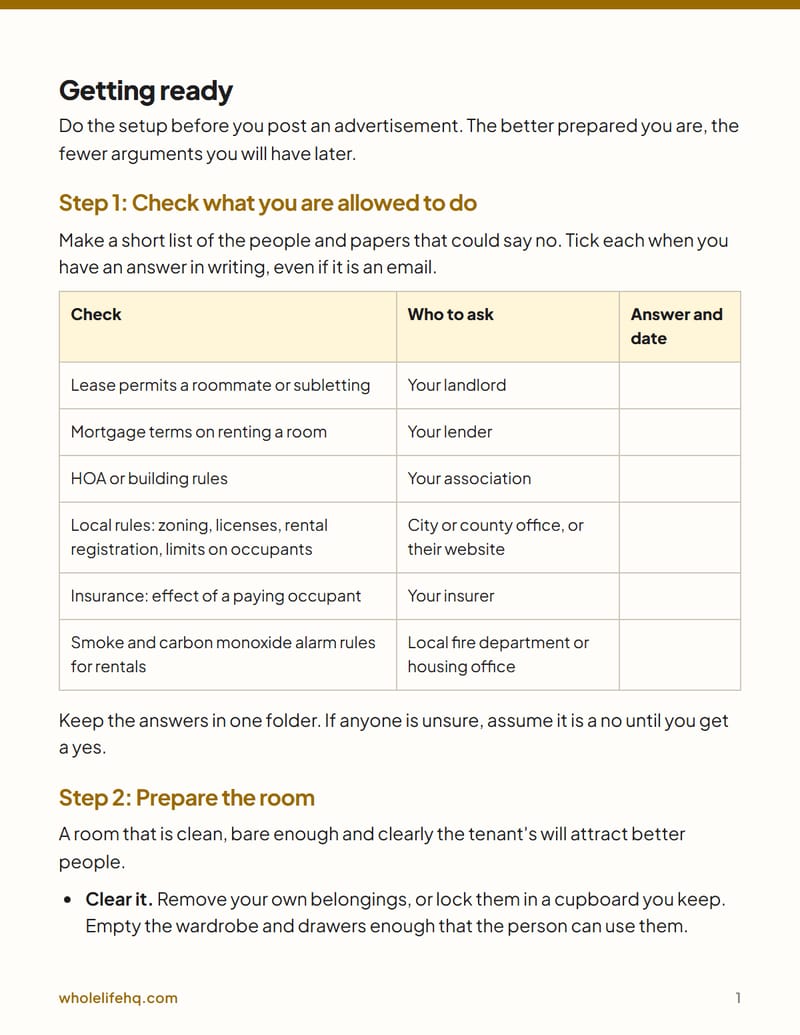 Page 1 of Renting Out a Room: A Plain Guide and House-Rules Sheet