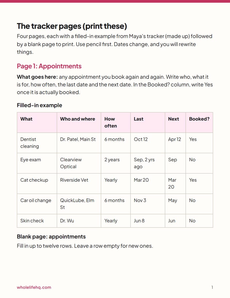 Page 1 of The Appointment and Admin Tracker