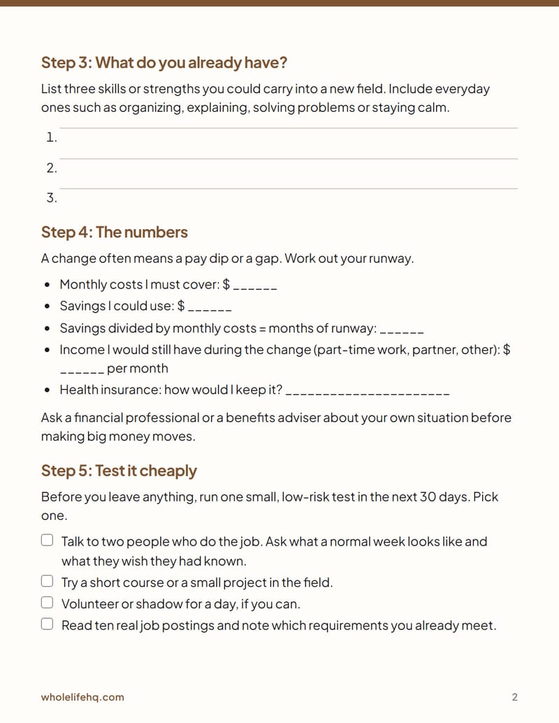 Page 2 of The Career-Change Decision One-Pager