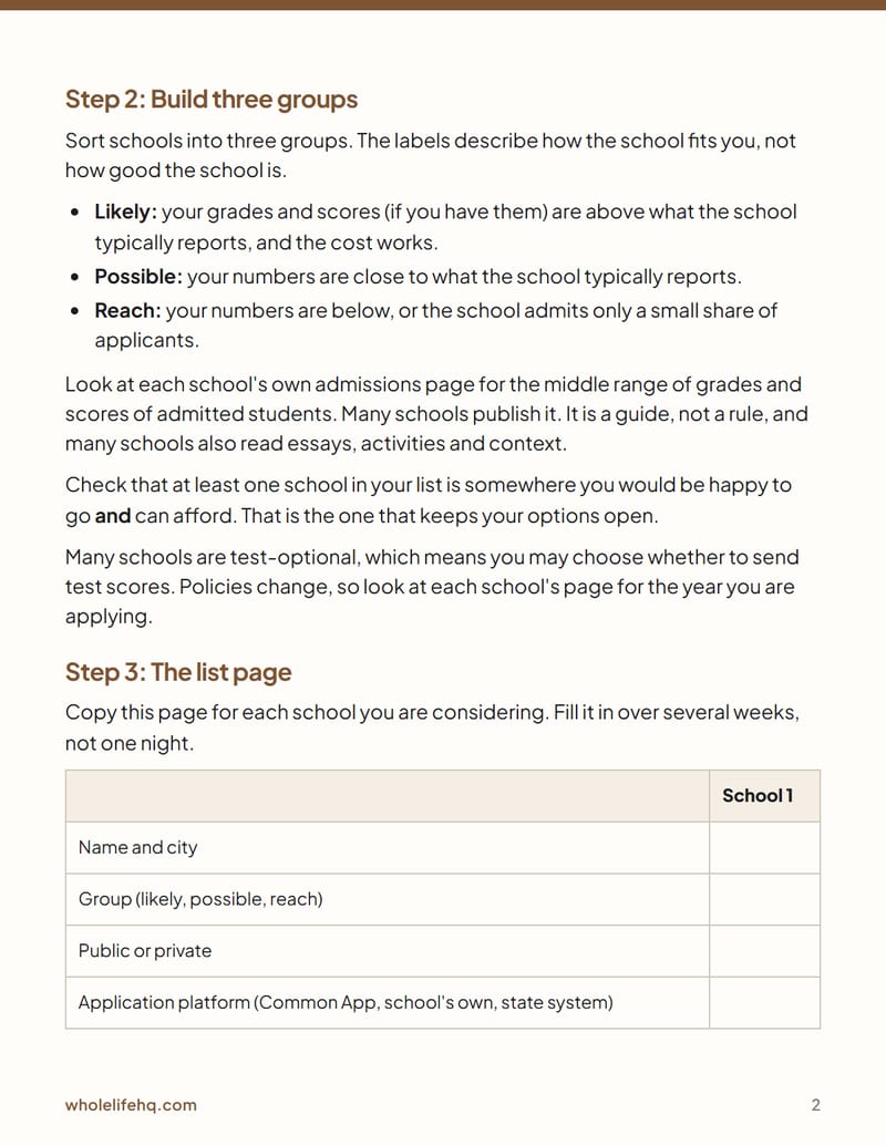 Page 2 of The College Application Timeline and Checklist