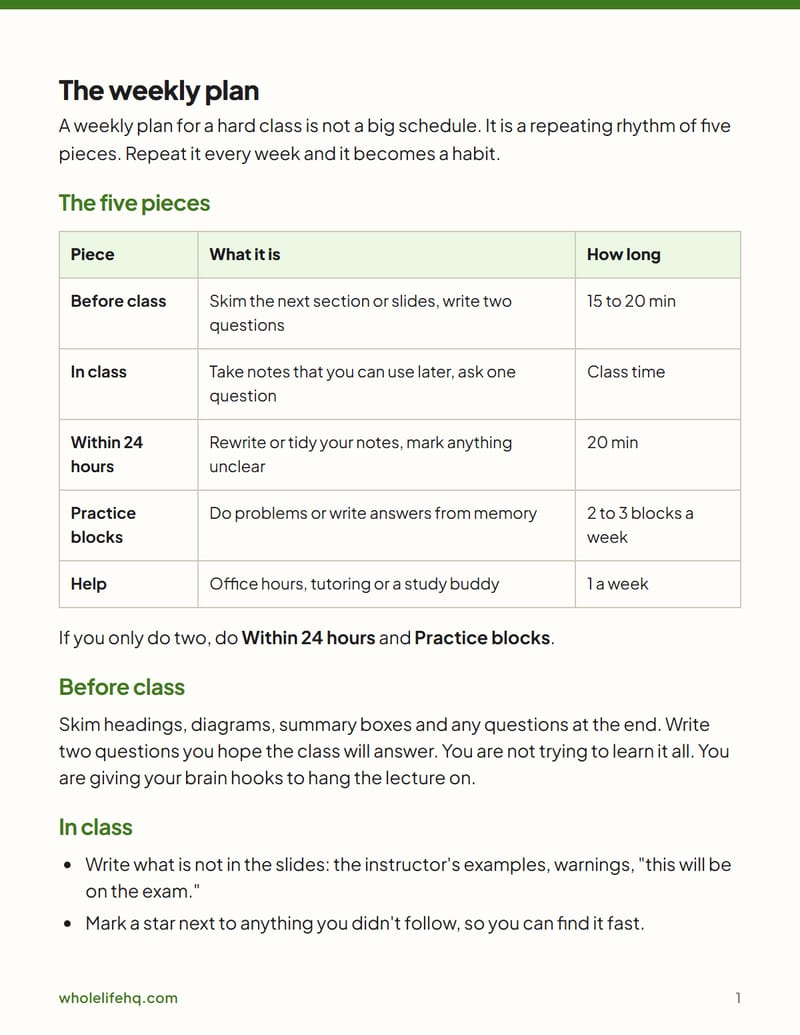 Page 1 of The Hard Class Plan: Study a Tough Course Week by Week