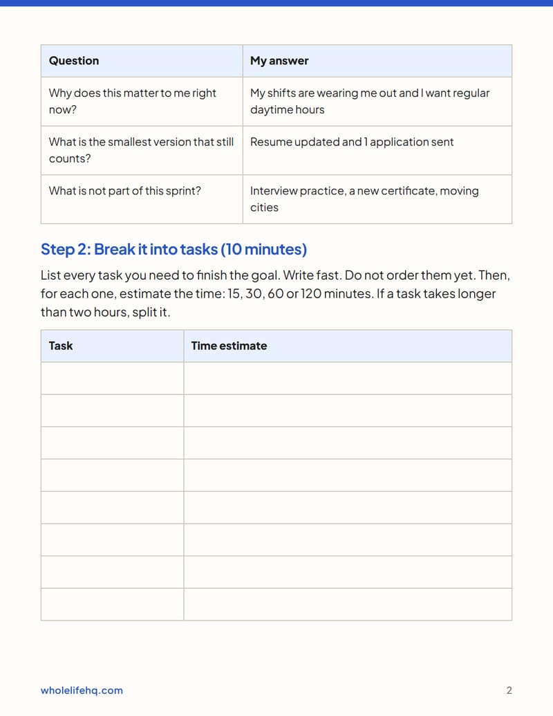 Page 2 of The Two-Week Sprint Planner for One Goal