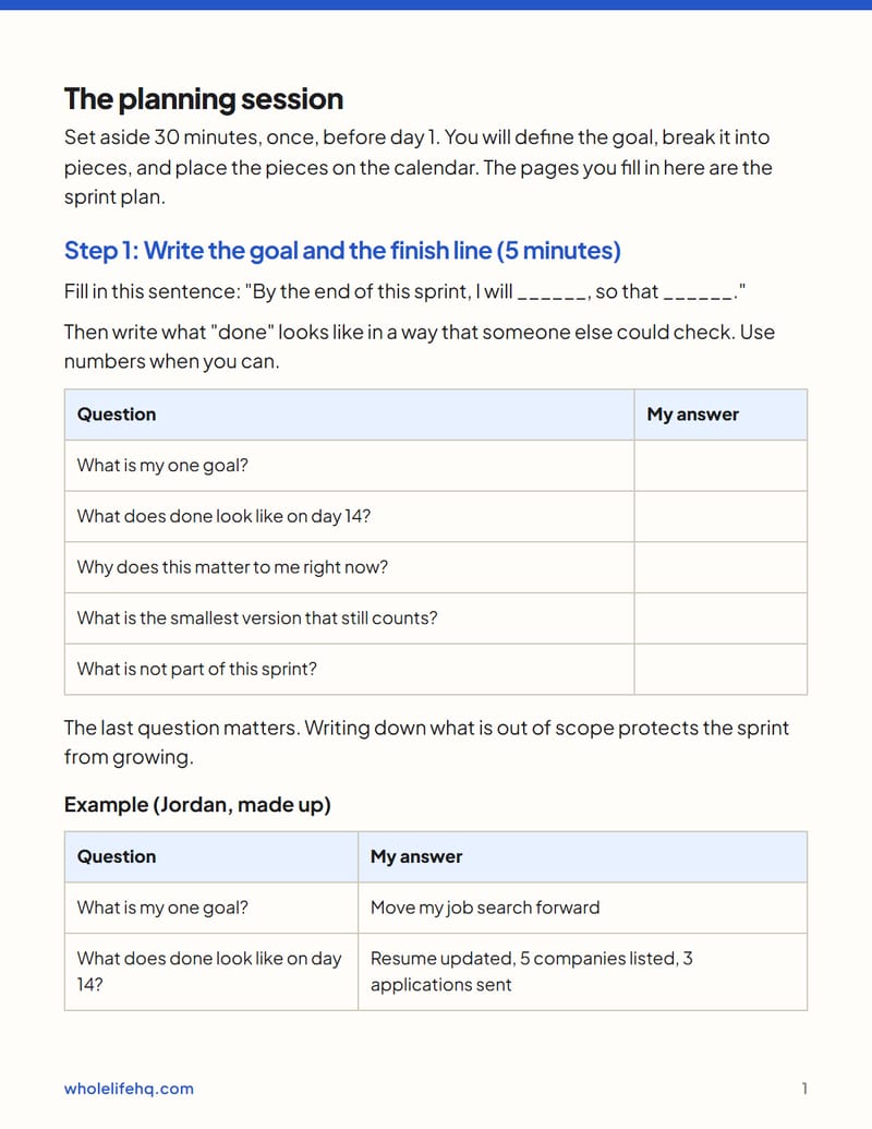 Page 1 of The Two-Week Sprint Planner for One Goal